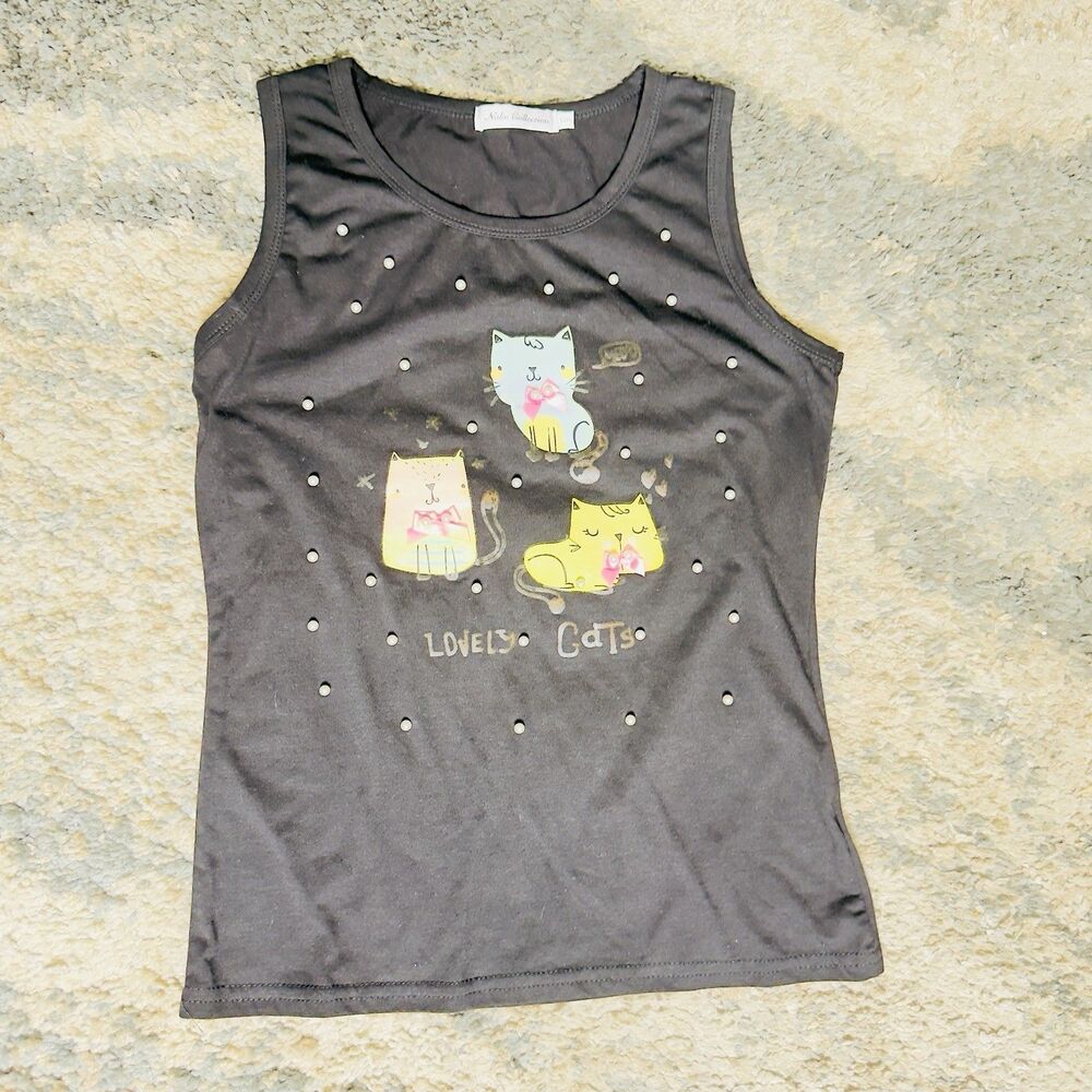 Nalie Collection Black and multi-coloured cat & pearls cami top kid size L/XL.